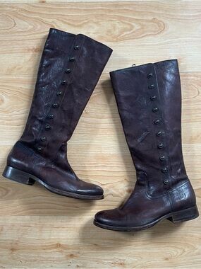 Vintage Leather Frye Boots Tall Red Brown Buttons Military Riding Size 8.5